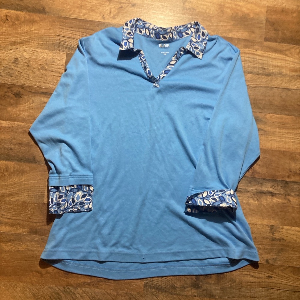 Blue Women's Top with Patterned Collar